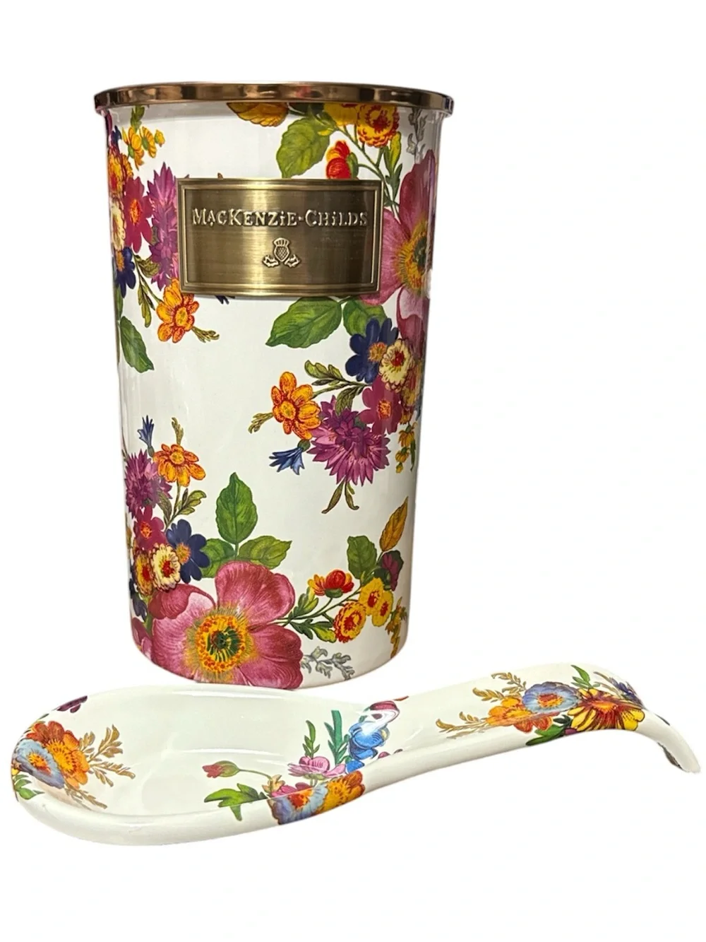 McKenzie Childs  Flower Market Enamel Spoon Rest & Utensil Holder Set